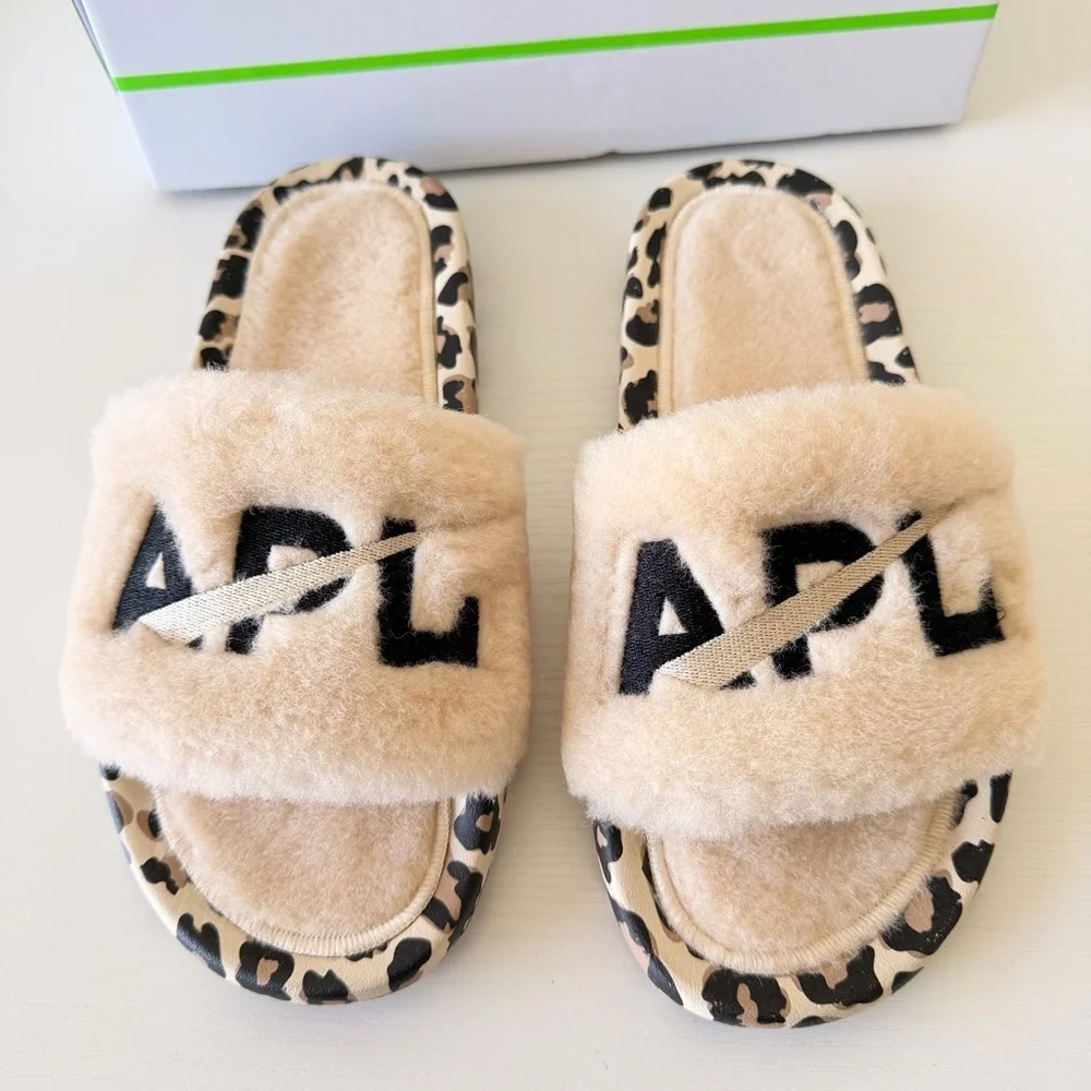 New! APL Beige Fuzzy Slide Sandals with Leopard Trim and Black Logo, Size 7